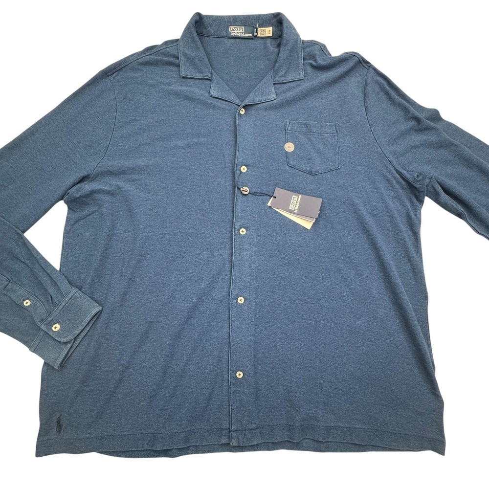 Polo Ralph Lauren Shirt Mens 2XL Blue Button Up Camp Collar Pocket 100% Cotton